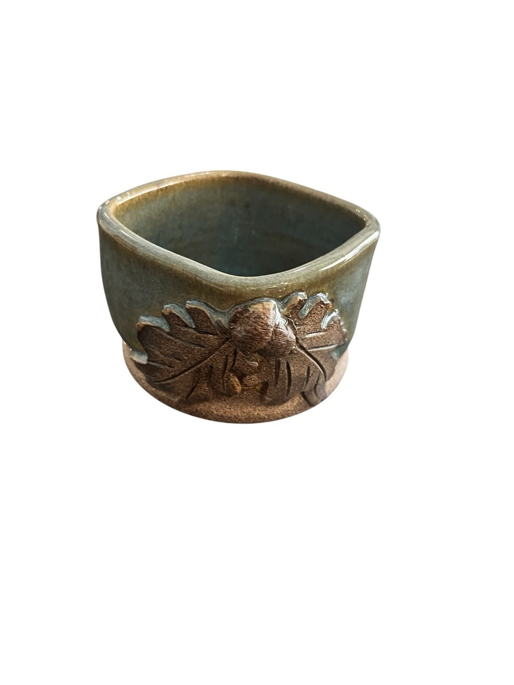 American Studio Pottery Dimensional Acorn Oak Leaf Square Small Bowl Signed